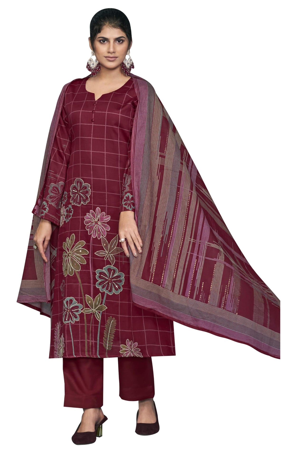 DRAVINAM Trends Women's Unstitched Salwar Suit Dress Material Pure Jam Silk Discharge Print Embroidered Hand Work Kameez Plain Unstitched Bottoms and Pure Lawn Digital Foil Print Dupatta