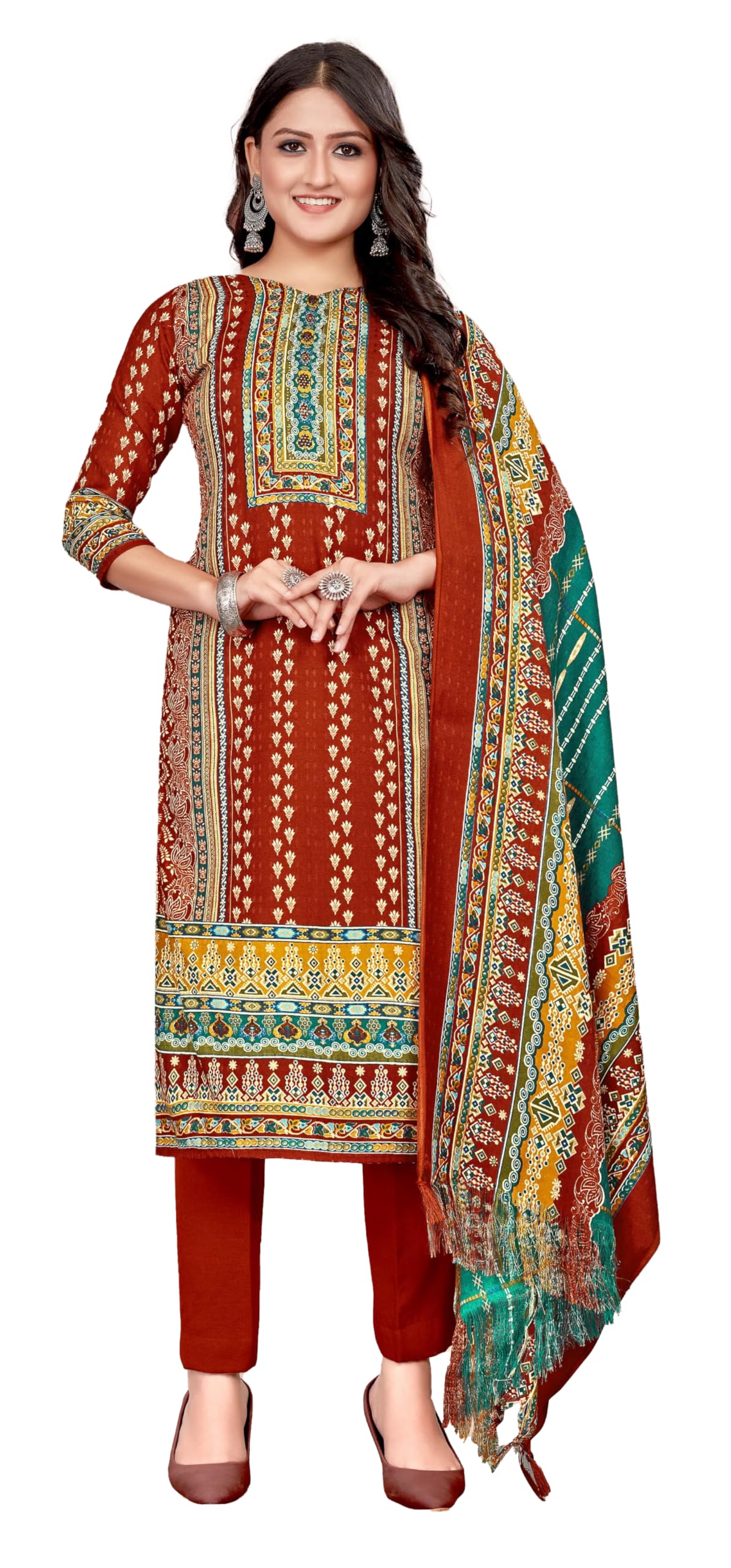DRAVINAM Trends Women's Unstitched Kaani Print Woolen Pashmina Winter wear Dress Material Fabric for Salwar Suit with printed pashmina Kashmiri shawl dupatta (Pink)