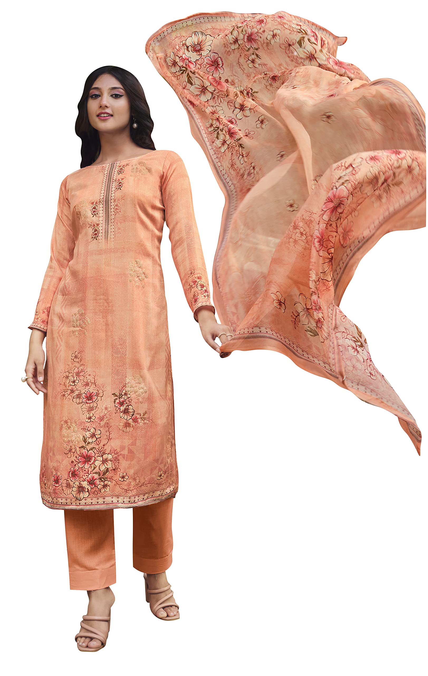 DRAVINAM Trends Women's Printed Unstitched Pure Cotton Kurti Palazzo Pants Set Material with Dupatta