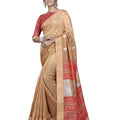 DRAVINAM Trends Women's Foil Printed Thin Cotton saree with Golden Border and Tassels and Blouse Piece (Brown and Red)