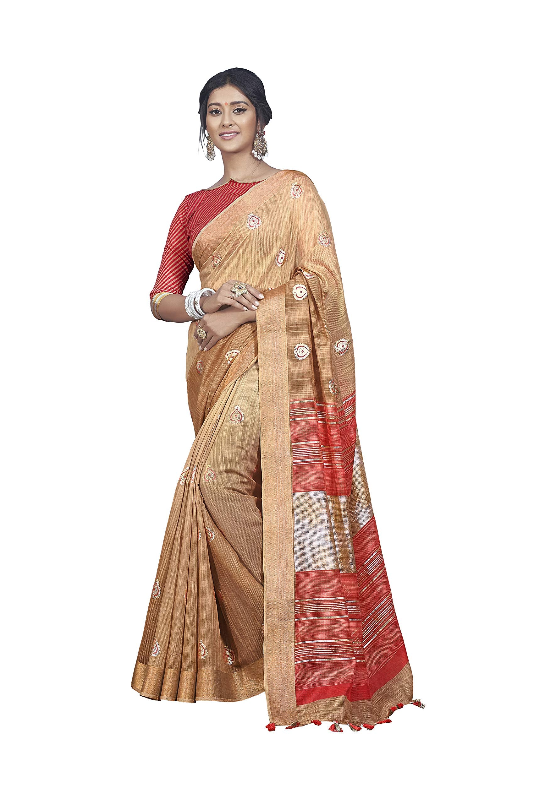 DRAVINAM Trends Women's Foil Printed Thin Cotton saree with Golden Border and Tassels and Blouse Piece (Brown and Red)