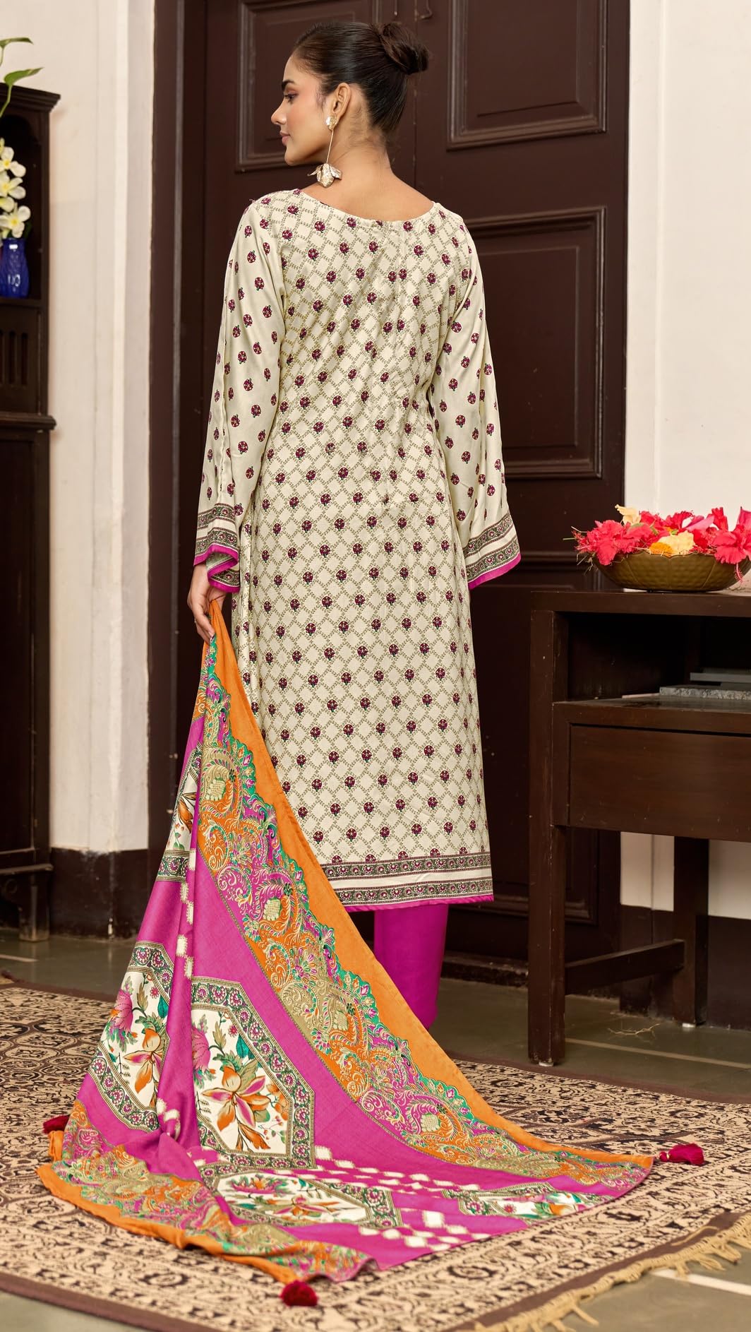 DRAVINAM Trends Women's Winter Wear Unstitched Digital Kani Printed Viscose Pashmina Woollen Salwar Suit Dress Material with Khatli Work Foil touchup and Pashmina Digital Printed Shawl Dupatta
