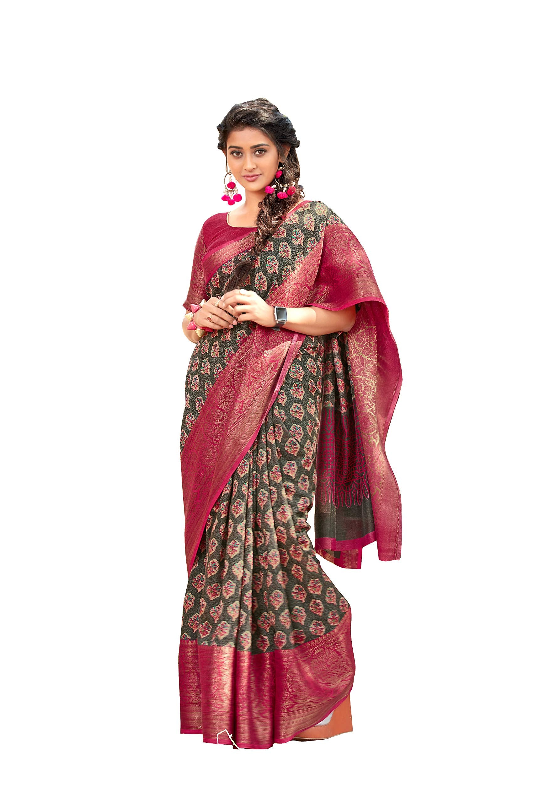 DRAVINAM Trends Women's Jacquard Linen Saree With Un-stitched Blouse (SareeSRMe_25_Green & Magenta)