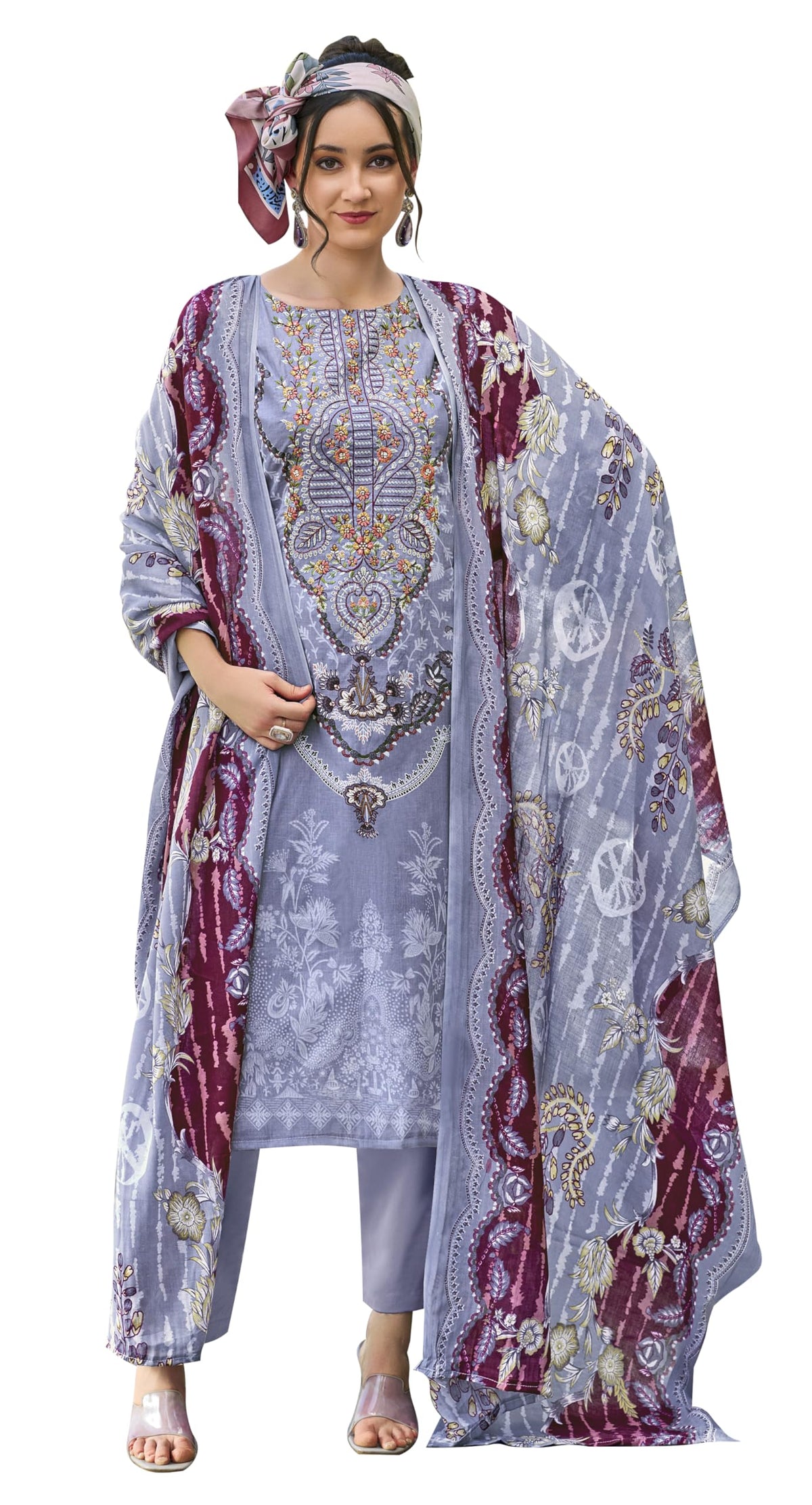 DRAVINAM Trends Kurti 2.50 mtrs, Pure Cotton (3 mtrs apx), Pure MAL MAL Cotton Dupatta Digital Print|Light Grey