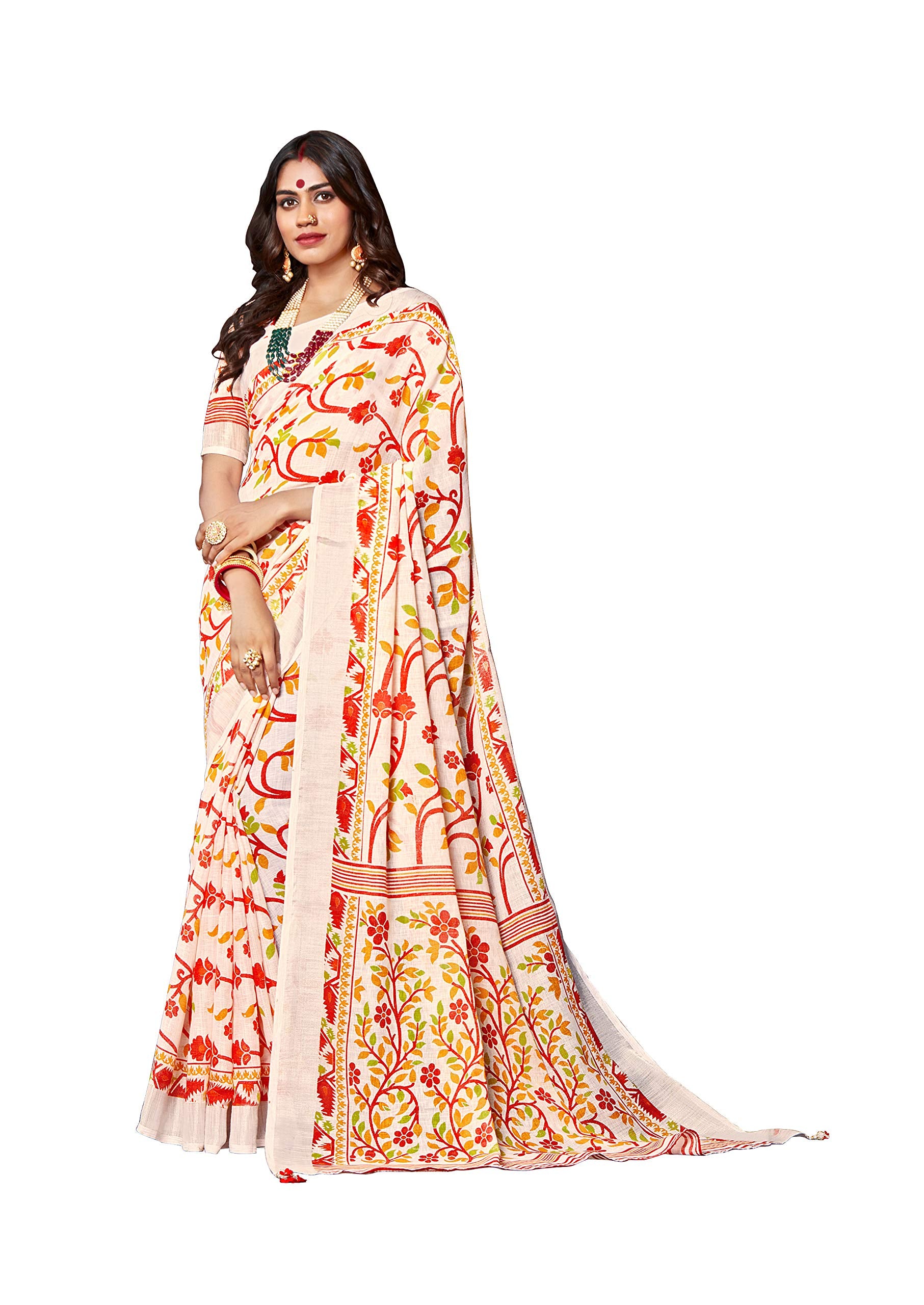DRAVINAM Trends Women's Soft Khadi linen White and Red Printed bordered Saree with Matching Blouse Piece