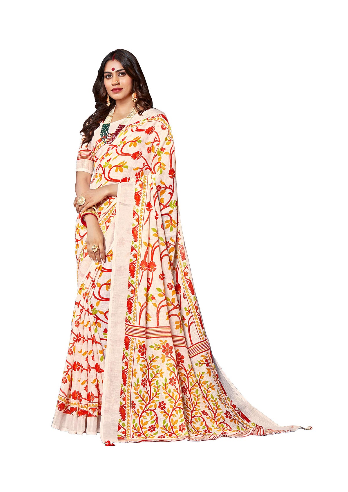 DRAVINAM Trends Women's Soft Khadi linen White and Red Printed bordered Saree with Matching Blouse Piece