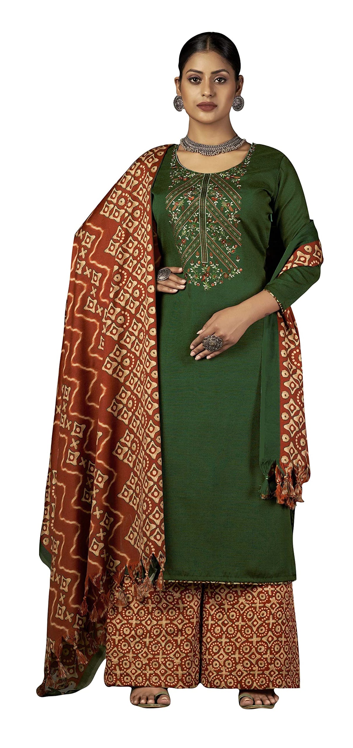 DRAVINAM Trends Women's Unstitched Winter Wear Spun Wool Embroidered Printed Palazzo Salwar Suit Dress Material with Spun Printed Shawl Dupatta (Yellow)