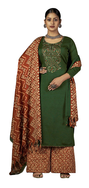 DRAVINAM Trends Women's Unstitched Winter Wear Spun Wool Embroidered Printed Palazzo Salwar Suit Dress Material with Spun Printed Shawl Dupatta (Yellow)