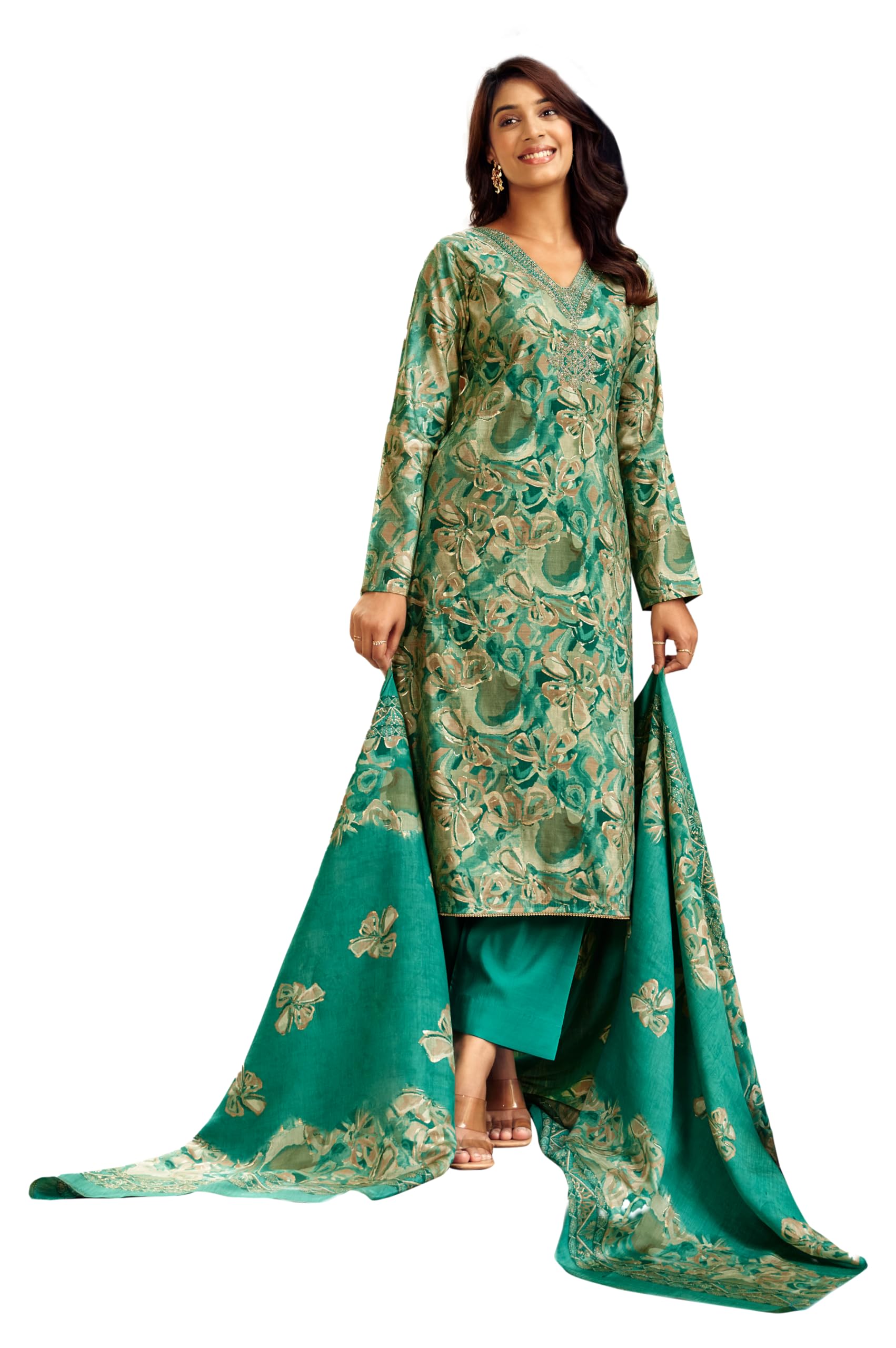 DRAVINAM Trends Women's Unstitched Salwar Suit Dress Material Modal Silk Discharge Foil Print Cording Embroidered Kameez Plain Unstitched Bottoms and Modal Silk Discharge Foil Print Dupatta