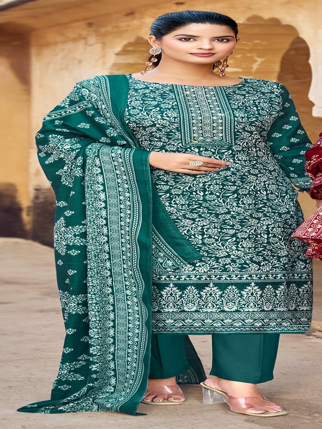 DRAVINAM Trends Women's Printed Pashmina Kani Unstitch Salwar Suit Dress Material with Siroski work and Printed Twill Pashmina Warm Shawl Dupatta