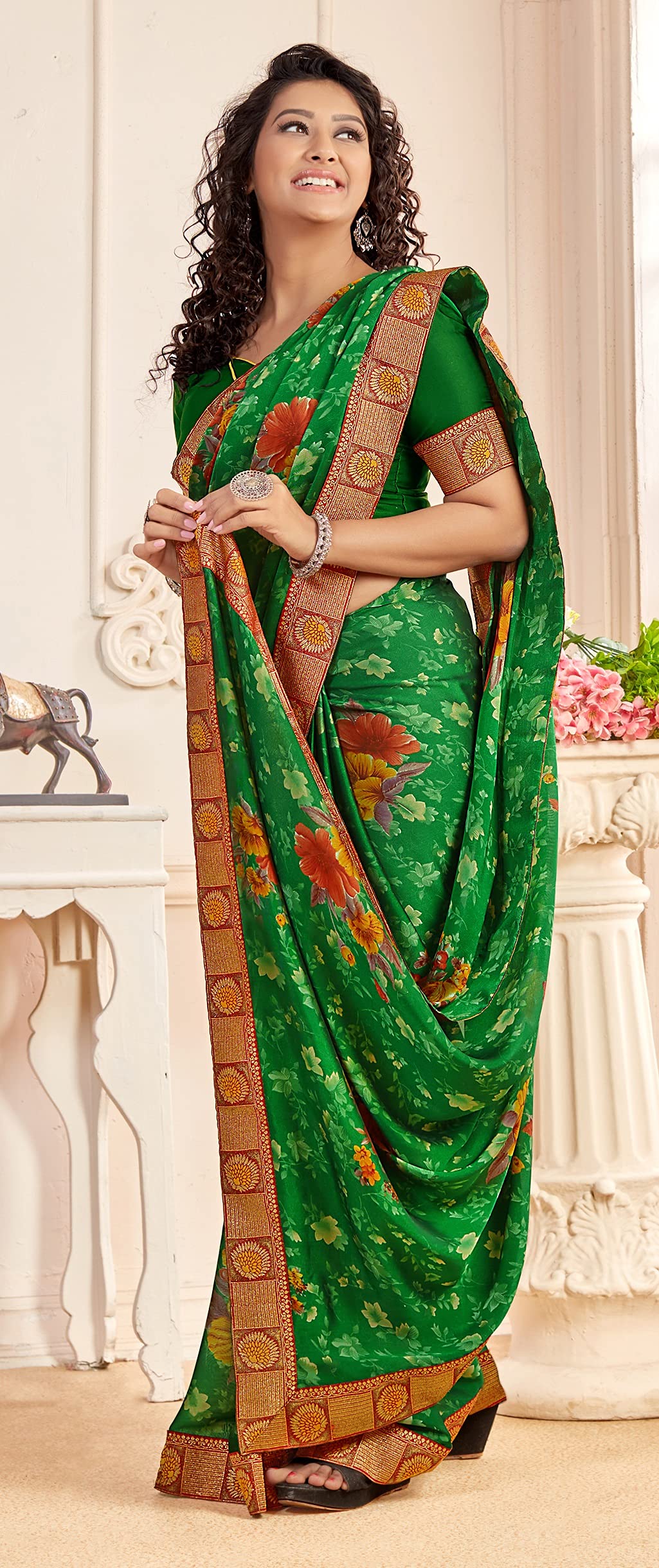 DRAVINAM Trends Women's Pure bright georgette Bandhani Print saree with Lace Borders and Solid Blouse Piece (Blue)