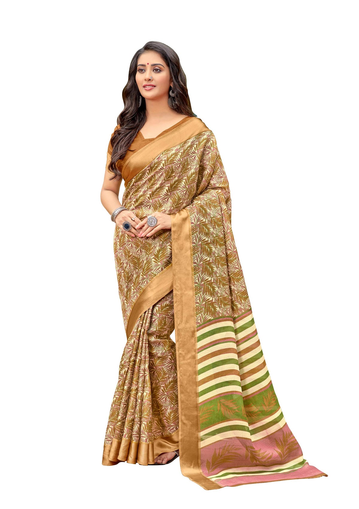 DRAVINAM Trends Women's Woven Kota Cotton Printed Check Saree with Satin Border and Blouse Piece (Light Brown)