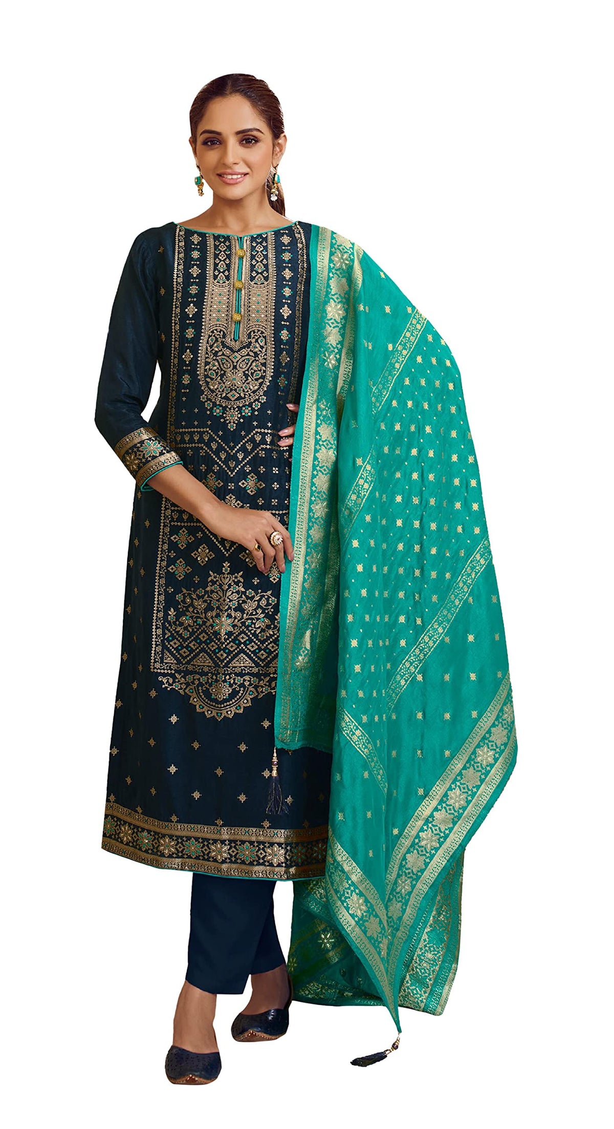 DRAVINAM Trends Unstitched Meenakari Zari Dola Banarasi Silk Salwar suit Dress Material with Dola Jacquard Double Jari Heavy Beautiful Dupatta (Peach and Dark Purple)
