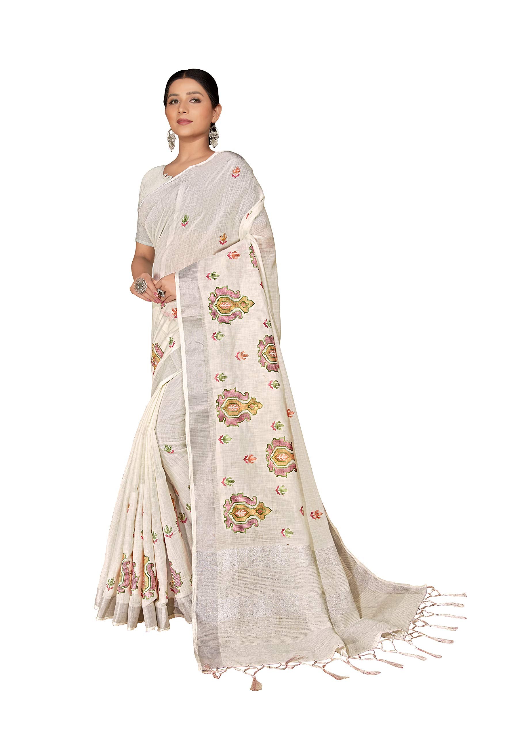 DRAVINAM Trends Women's Woven Pure Linen Embroidered Saree with Blouse Piece (Grey)