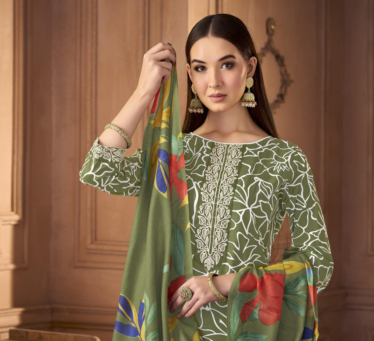 DRAVINAM Trends Women's Unstitched Premium Cotton Printed Embroidered Suit Material
