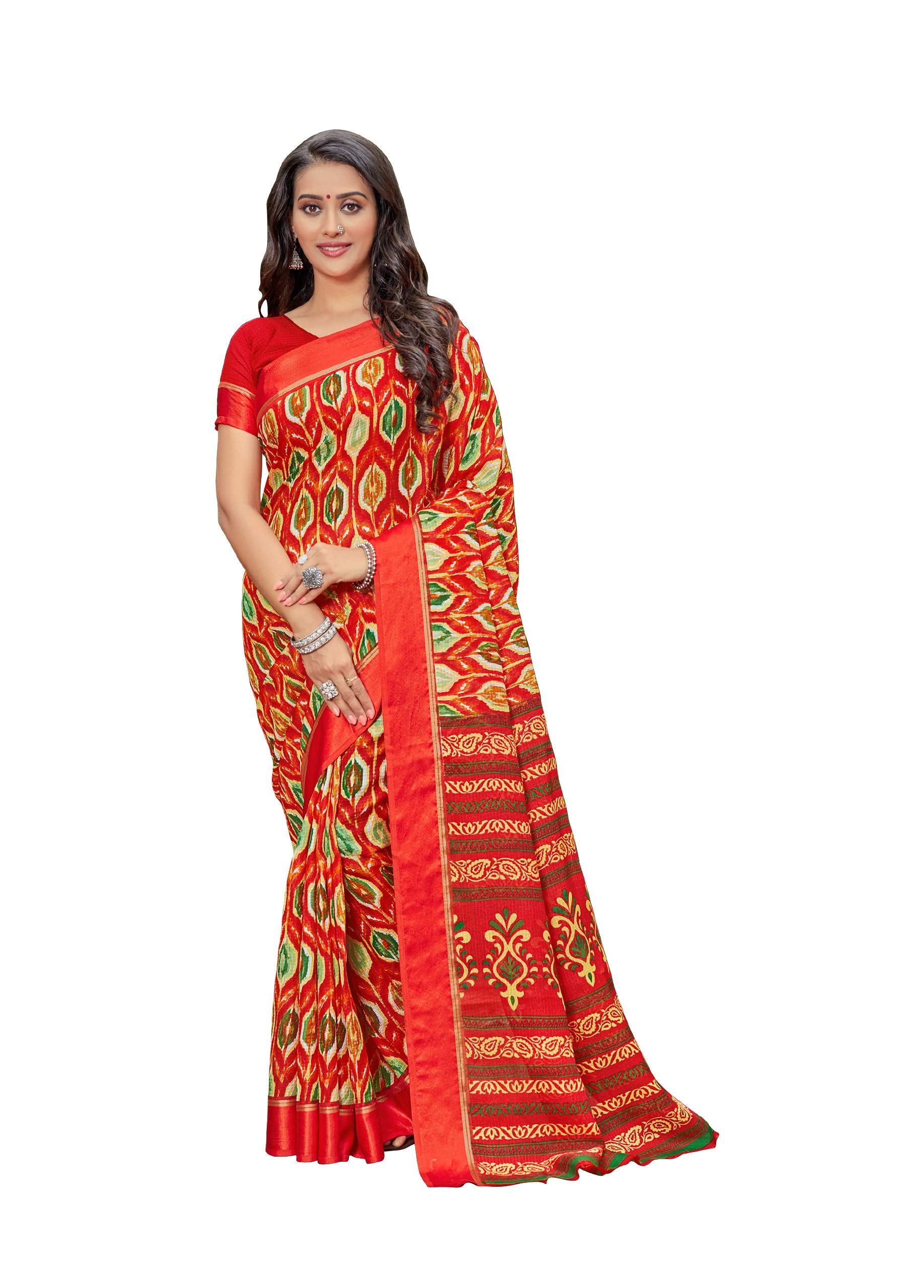 DRAVINAM Trends Women's Woven Kota Cotton Printed Check Saree with Satin Border and Blouse Piece (Red)
