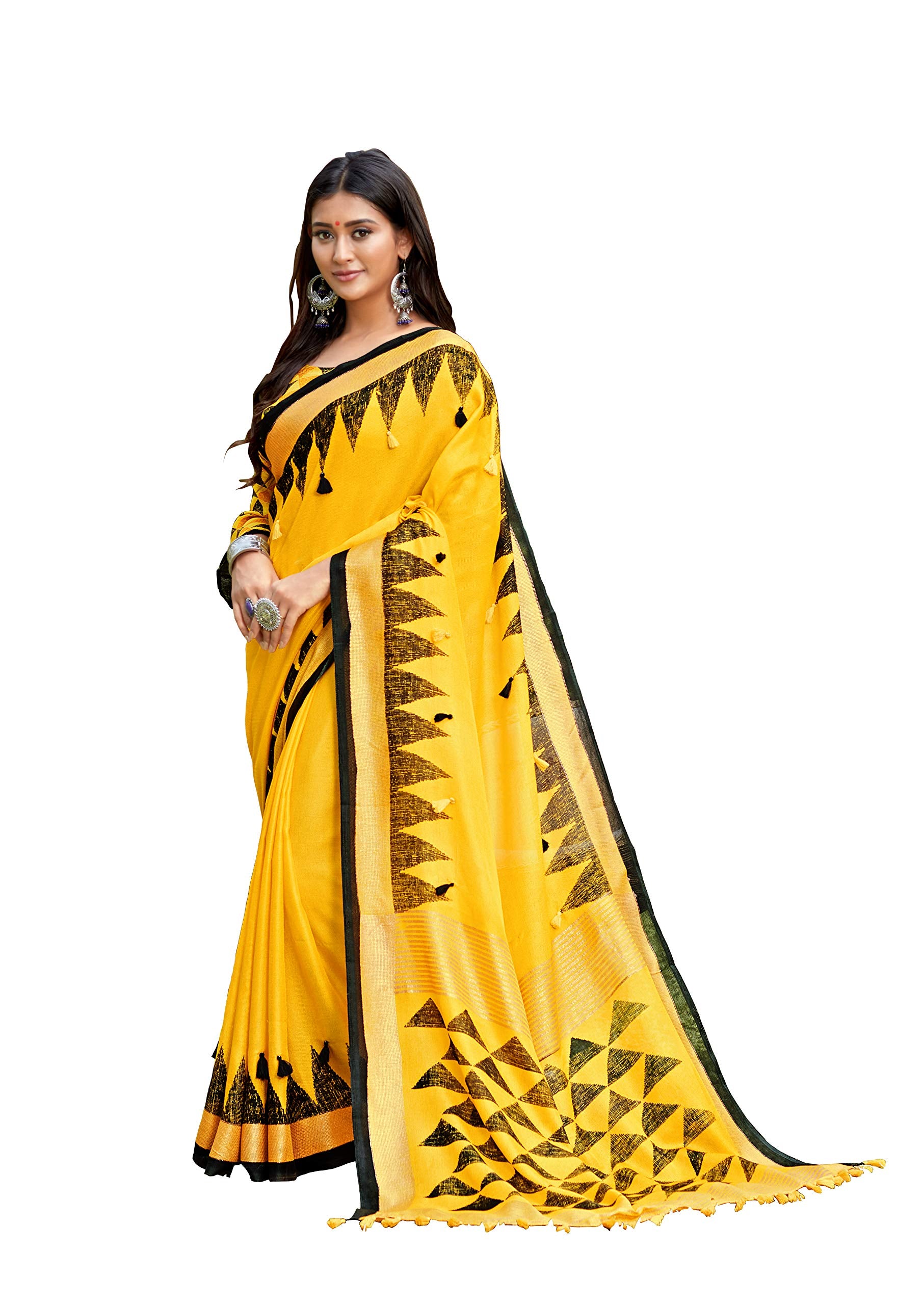 DRAVINAM Trends Women's Jute Linen Printed Border Saree with Blouse Piece (Yellow Black)
