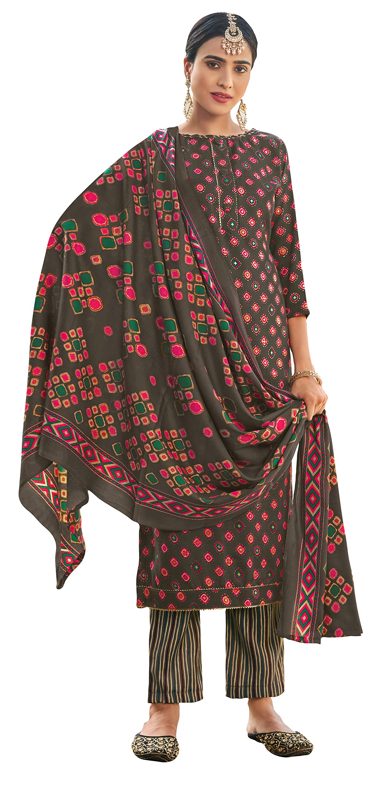 DRAVINAM Trends Women's Unstitched Kashmiri Print Woollen Pashmina Salwar Suit Dress Material with Pashmina Printed Shawl Dupatta (Free Size) (Brown)