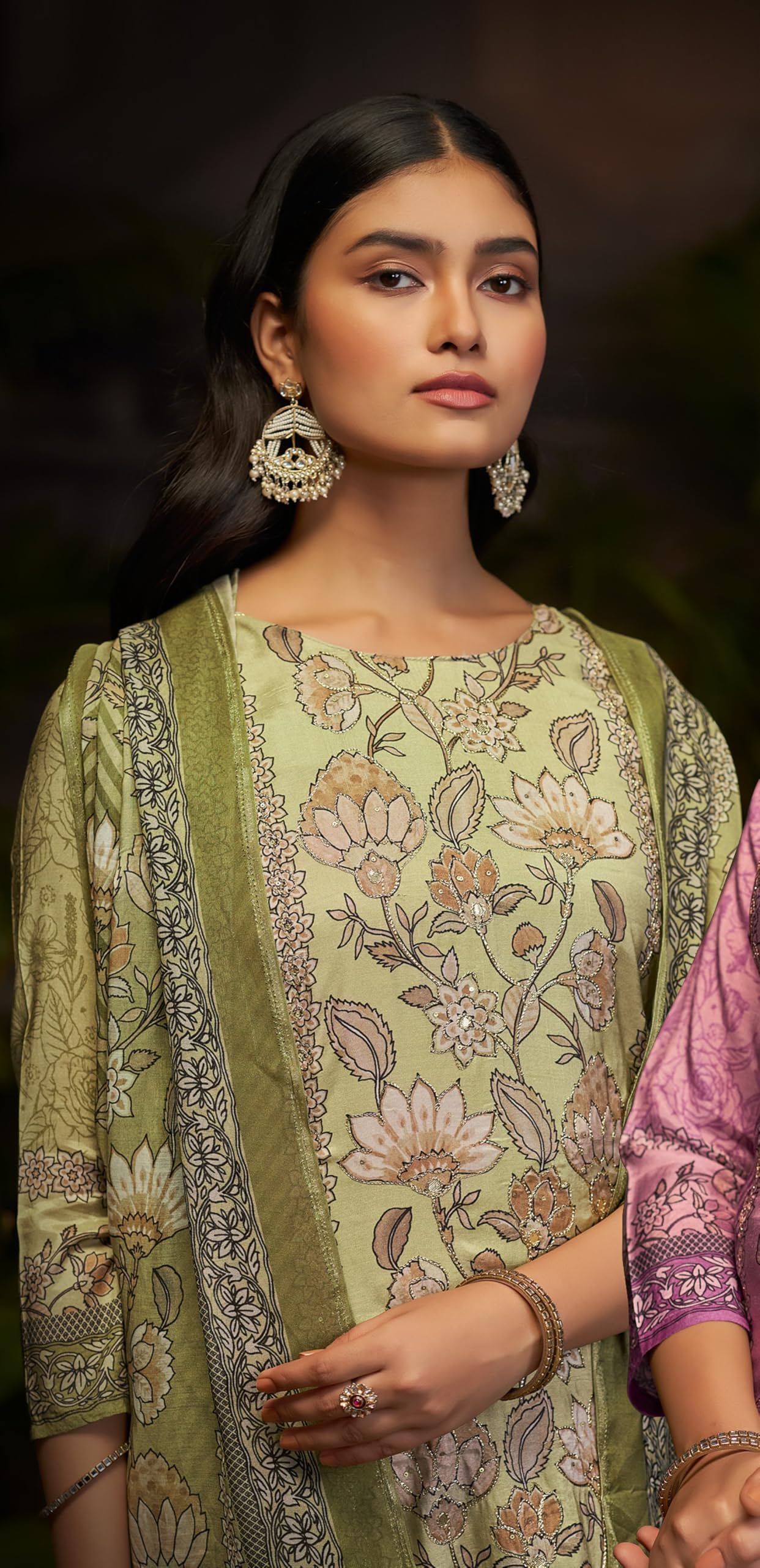 DRAVINAM Trends Women's Unstitched Maslin Salwar Suit Dress Material - Pure Bemberg Maslin Aari Work Kameez II Rayon Unstitch Bottoms II Viscose Maslin Digital Prints Dupatta