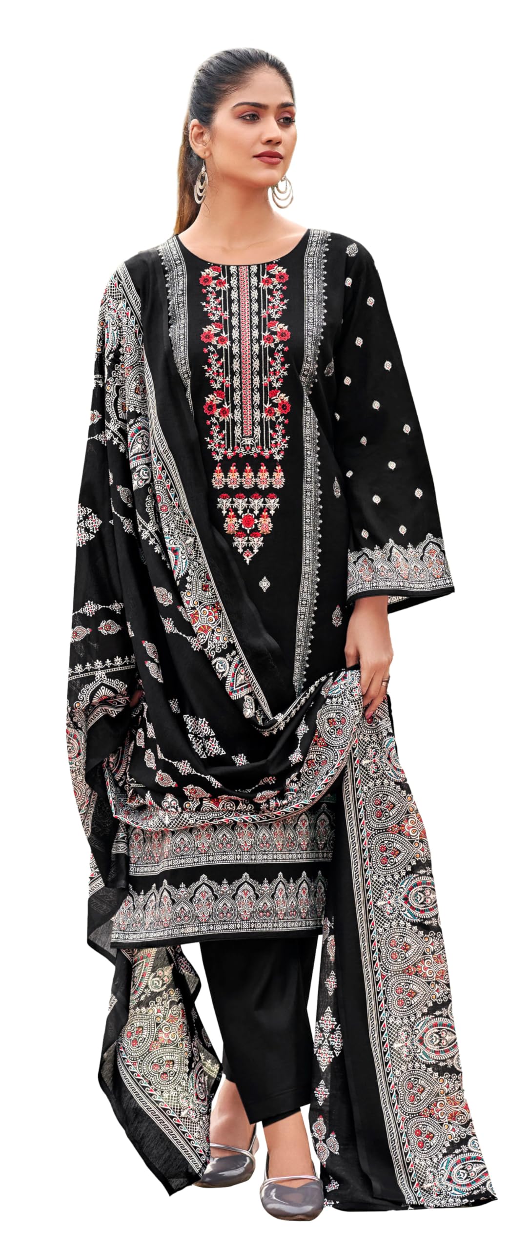 DRAVINAM Trends Women's Pakistani Print Embroidered Unstitcehd Pure Cambric Cotton Salwar Suit Dress Materials with Pure Cotton Printed Dupatta