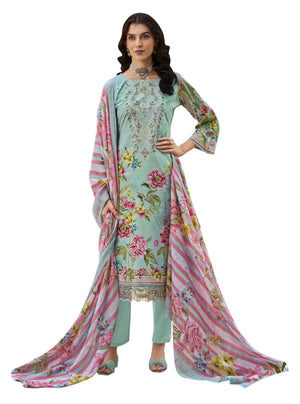 DRAVINAM Trends Women's Pure Cotton Digital Printed Suit with Exclusive Heavy Self-Embroidery Neck & Organza Daman Embroidery | Mal Mal Cotton Printed Dupatta & Bottom – Ready to Wear (OLIVE, XXL)