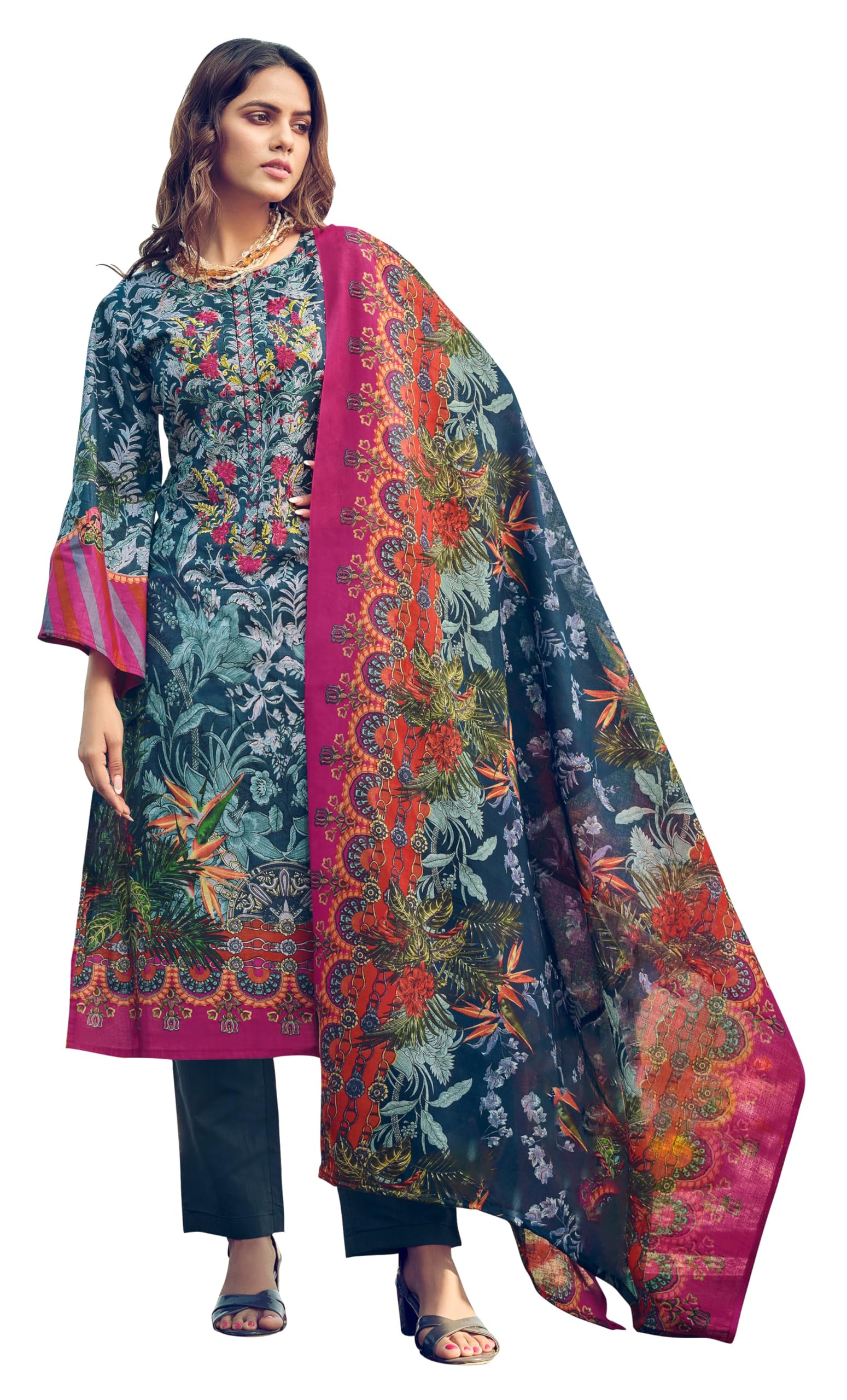 DRAVINAM Trends Women's Unstitched Premium Cotton Suit Material - Soft Digital Printed Embroidered Kameez II Matching Bottoms II Malmal Printed Dupatta