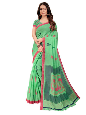 DRAVINAM Trends Women's Soft Printed Pure Linen Saree With Blouse Piece (Green)