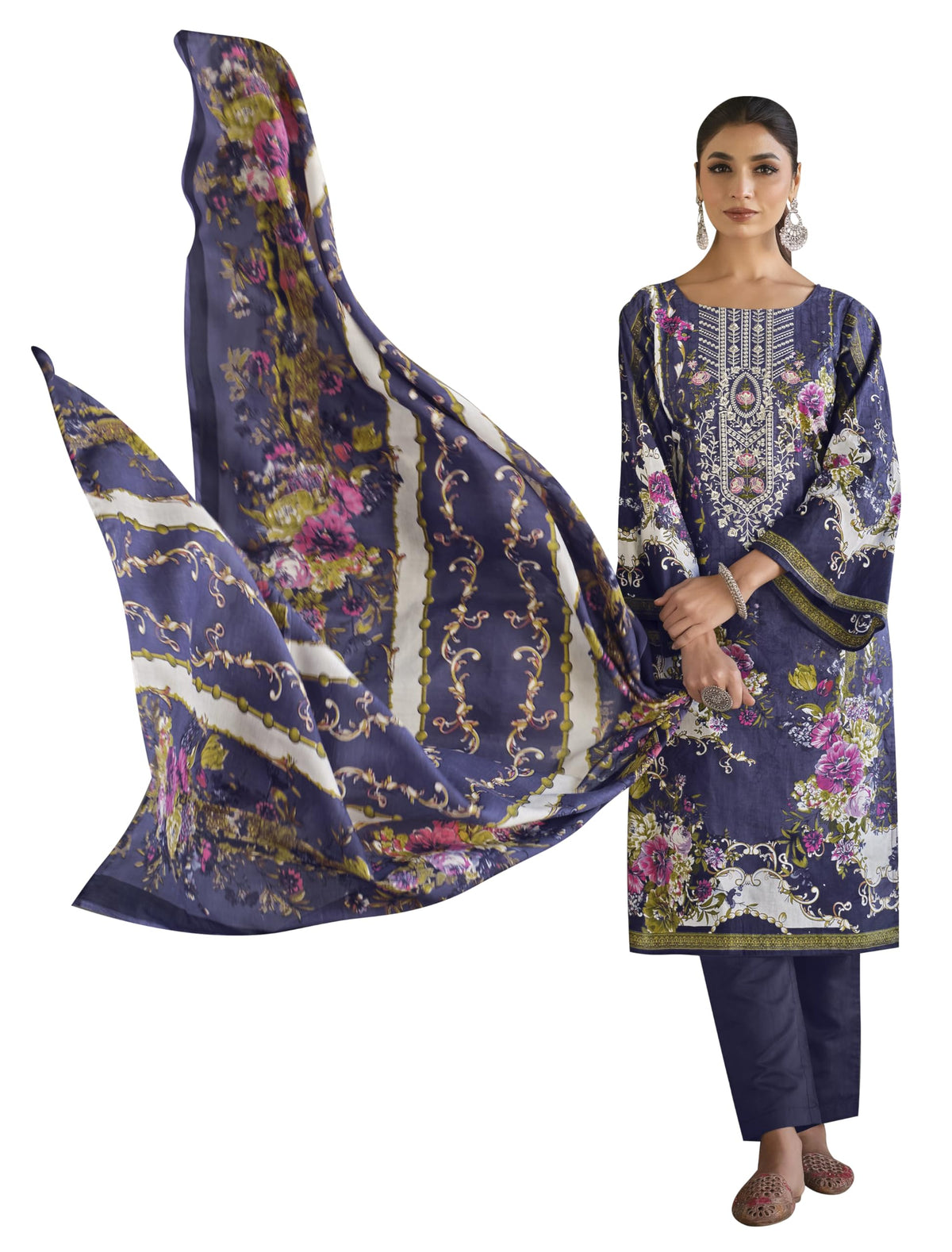 DRAVINAM Trends Women's Stitched Digital Style Print Embroidered Pure Cotton Kurta Pant Suit Set II Solid Pants II Printed Malmal Dupatta (XL / 42)