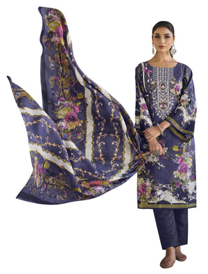 DRAVINAM Trends Women's Stitched Digital Style Print Embroidered Pure Cotton Kurta Pant Suit Set II Solid Pants II Printed Malmal Dupatta (XL / 42)