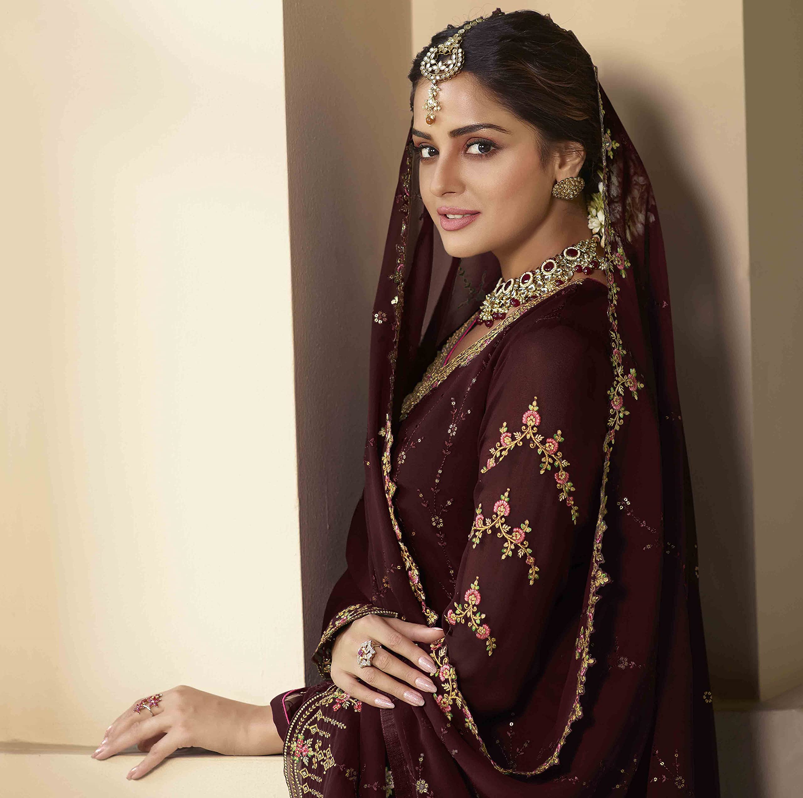 DRAVINAM Trends Women's Heavy Embroidered Pure Georgette Sharara Salwar Suit Dress Material with Heavy Embroidered Pure Georgette Dupatta (Free size_Maroonish red)