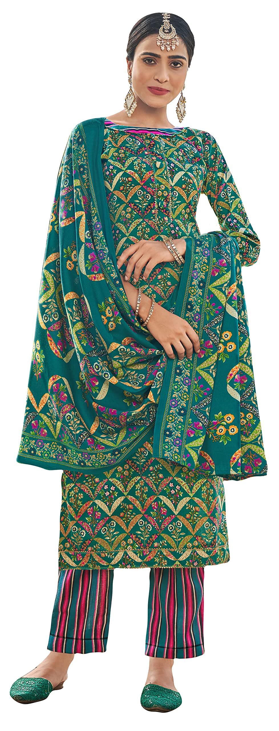 DRAVINAM Trends Women's Unstitched Kashmiri Print Woollen Pashmina Salwar Suit Dress Material with Pashmina Printed Shawl Dupatta (Free Size) (Brown)