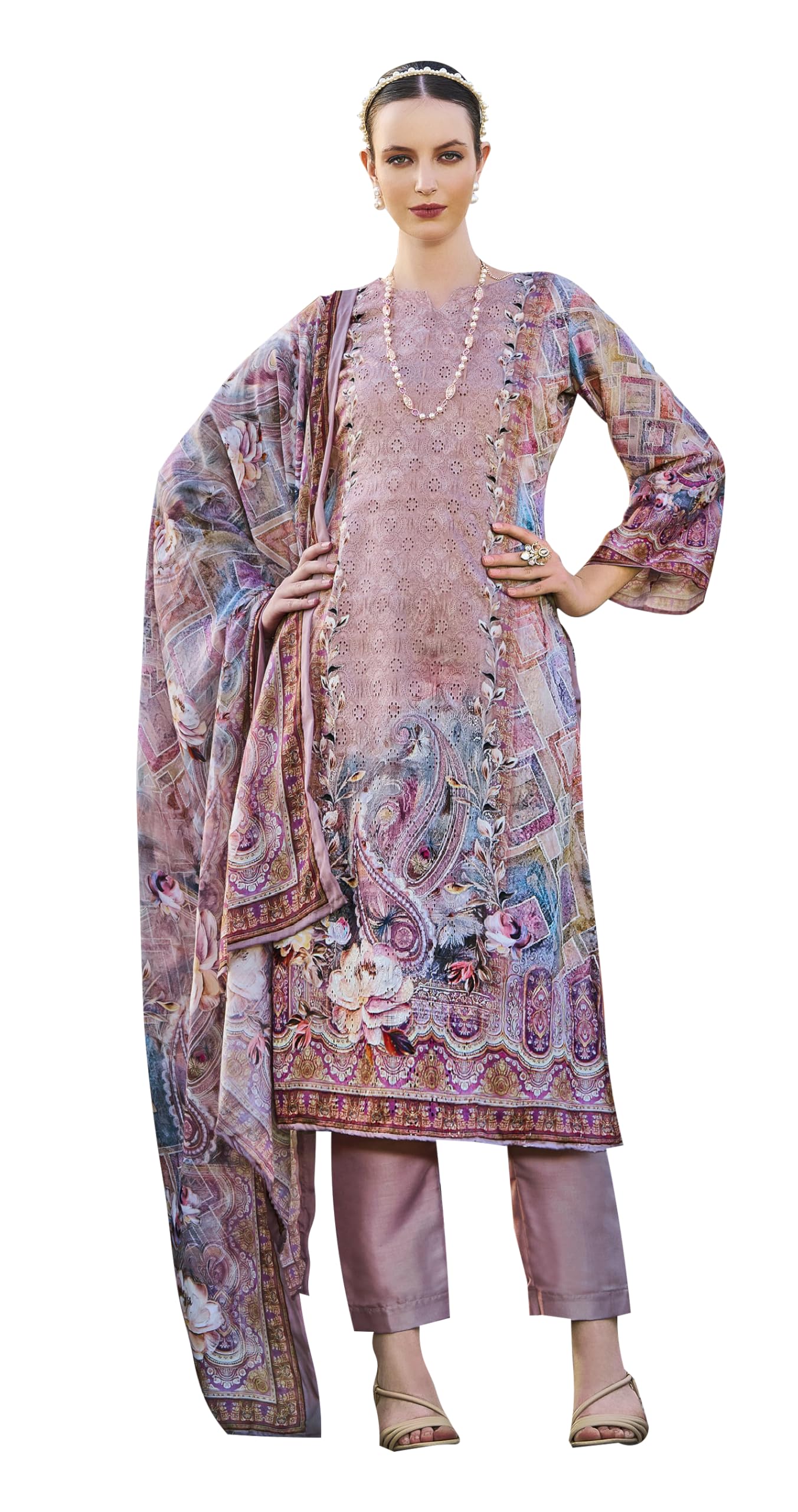DRAVINAM Trends Women's Unstitched Salwar Suit Dress Material - Jam Cotton Digital Printed Heavy Embroidered Boring Work Kameez II Unstitch Bottoms II Cotton Dupatta