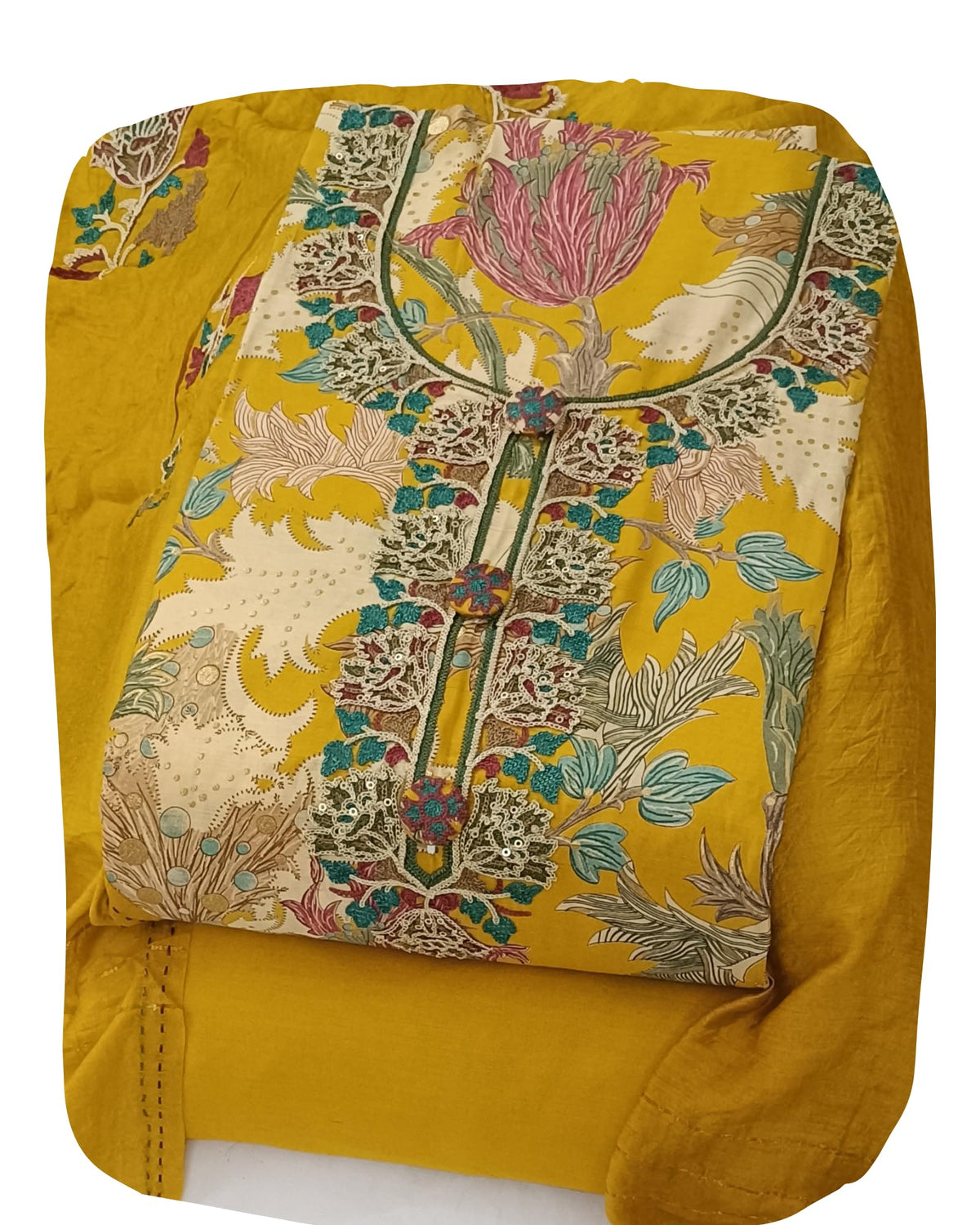 DRAVINAM Trends Women's Cotton Floral Printed Unstitched Suit Set with Embroidered Pin-Tuck Yoke & Soft Silk Dupatta