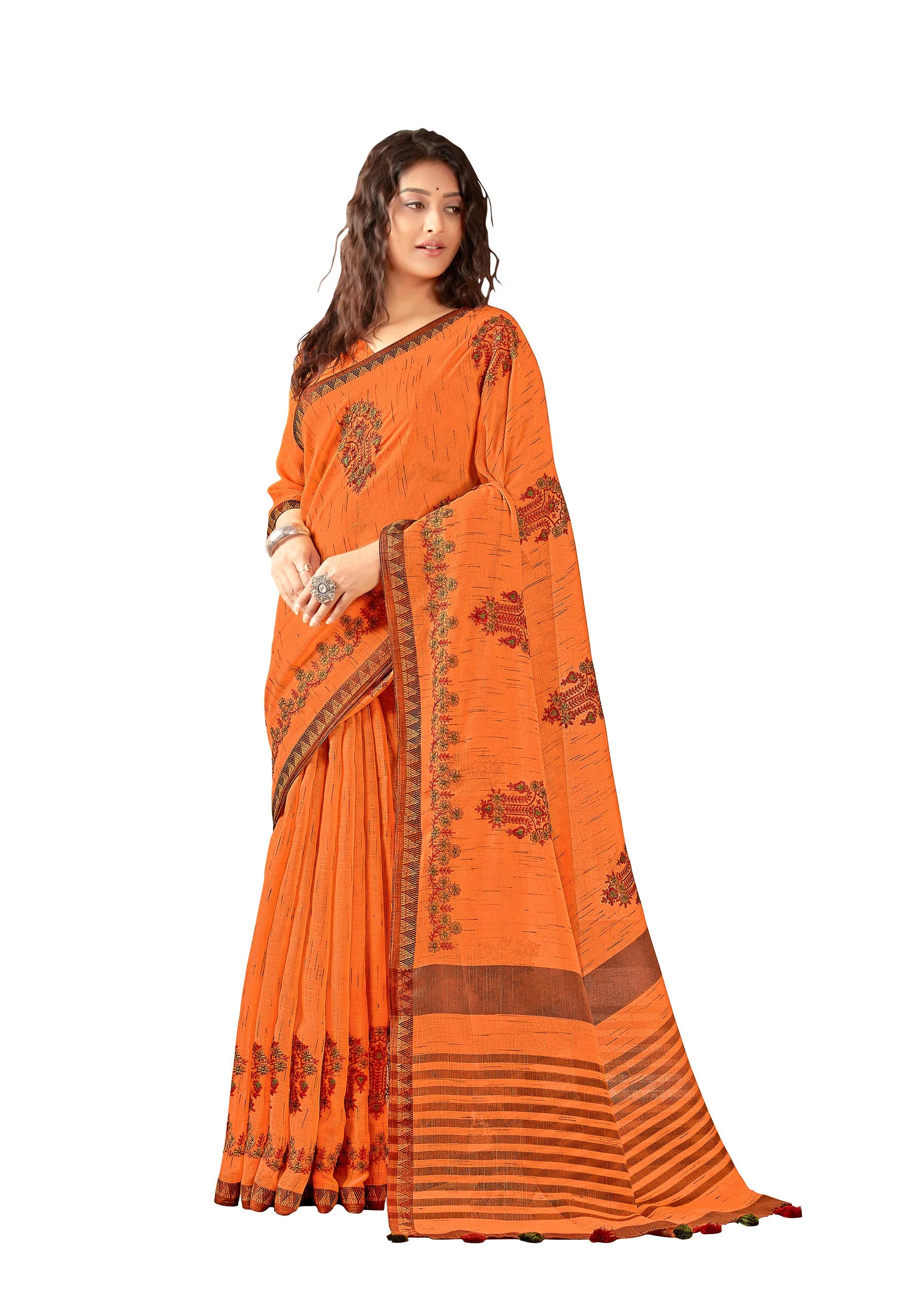DRAVINAM Trends Women's Woven Pure Linen Embroidered Saree with Blouse Piece