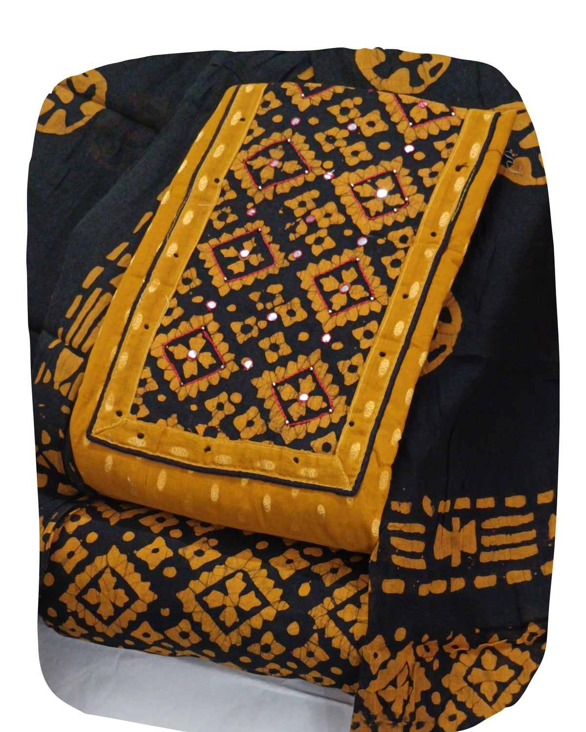 DRAVINAM Trends Women's Unstitched Cambric Cotton Dress Material Salwar Suit Set with Dupatta | Geometric Batik Print & Embellished Neckline (Multicolor)