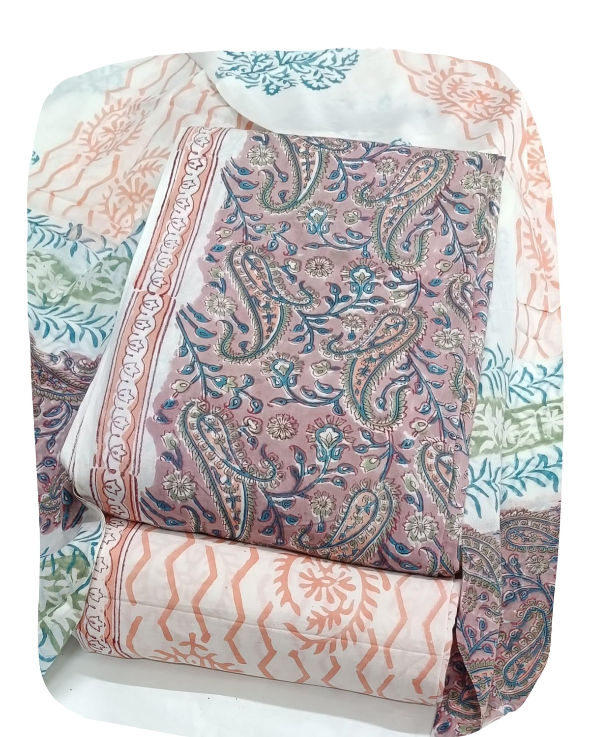 DRAVINAM Trends Hand Block Print Sanganeri Cambric Unstitched Cotton Suit Dress Material for Women with Mulmul Cotton Hand Printed Dupatta