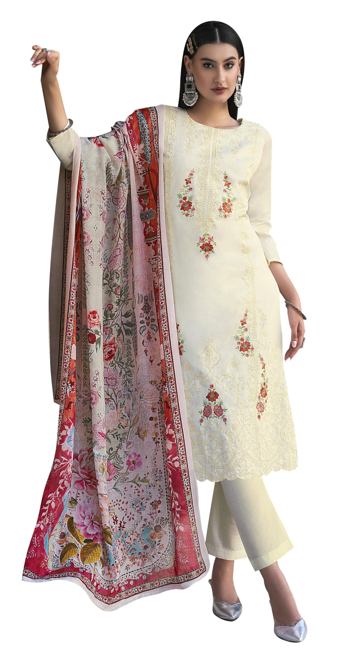 DRAVINAM Trends Women's Unstitched Jam Cotton Embroidered Suit Material - Jam Cotton Heavy Embroidered Cutwork Shirt II Rayon Bottoms II Cotton Printed Dupatta