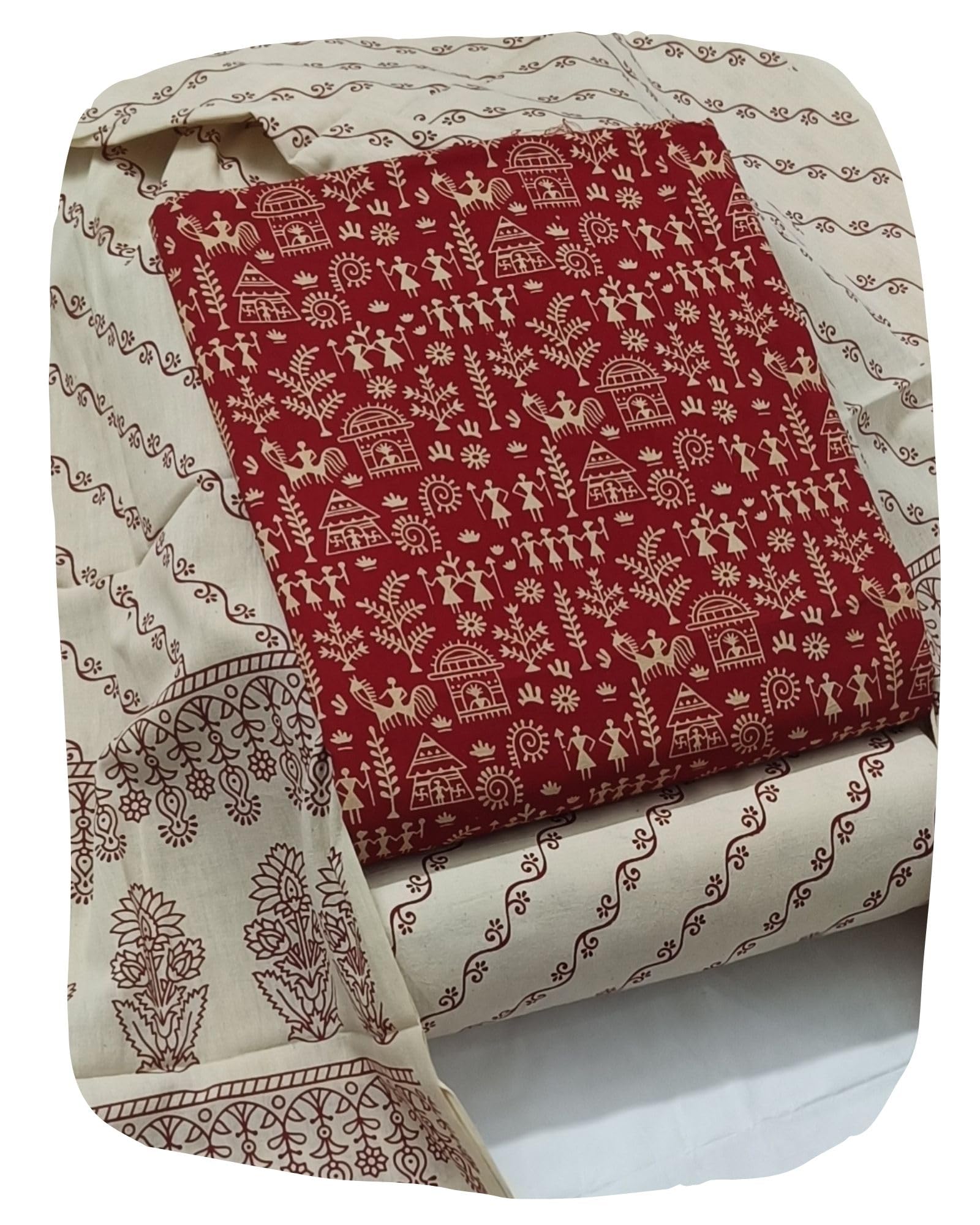 DRAVINAM Trends Women's Premium Cotton Unstitched Salwar Suit Dress Material Set | Traditional Rajasthani Gujari Block Print (Red & Mustard Yellow)