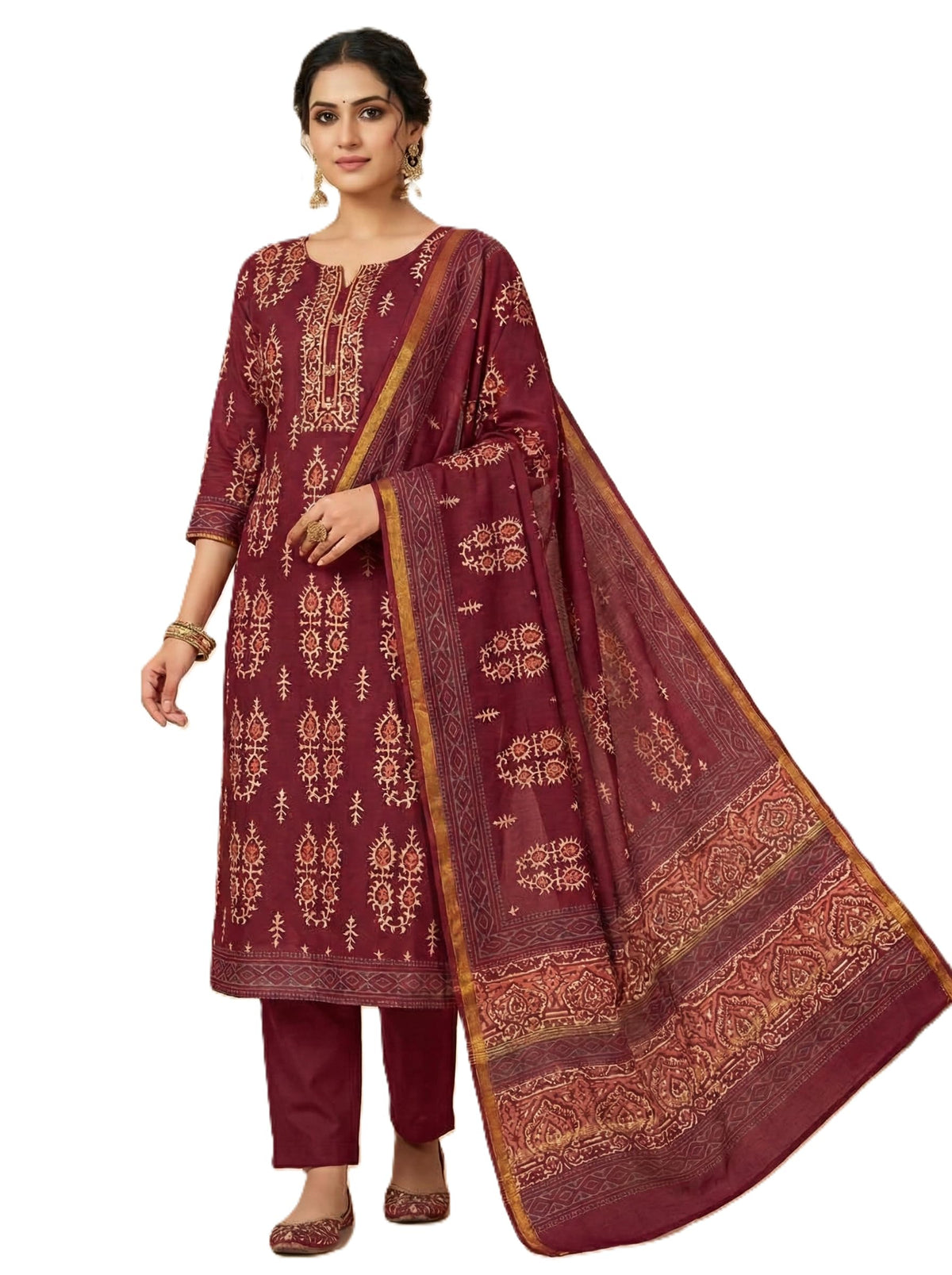 Women's Elegant Maroon Chanderi Block Printed Unstitched Salwar Suit Dress Material with Shantoon Bottom & Zari Border Dupatta