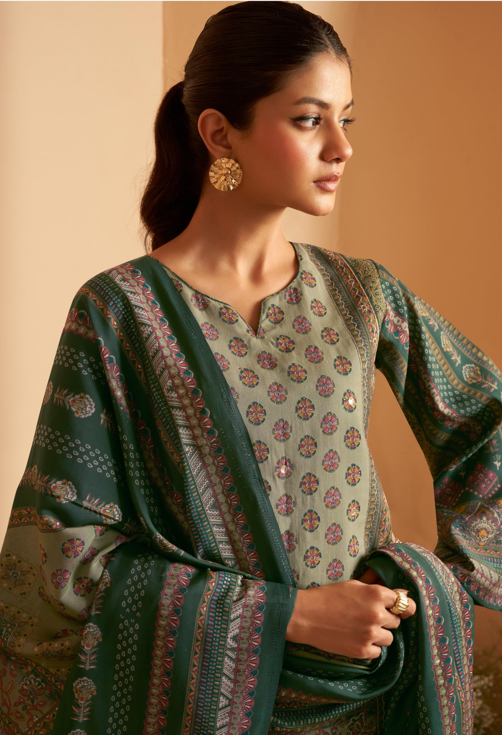 DRAVINAM Trends Women's Unstitched Maslin Suit Material - Embroidered Digital Printed Foil Masline Top II Masline Bottoms II Maslin Digital Dupatta