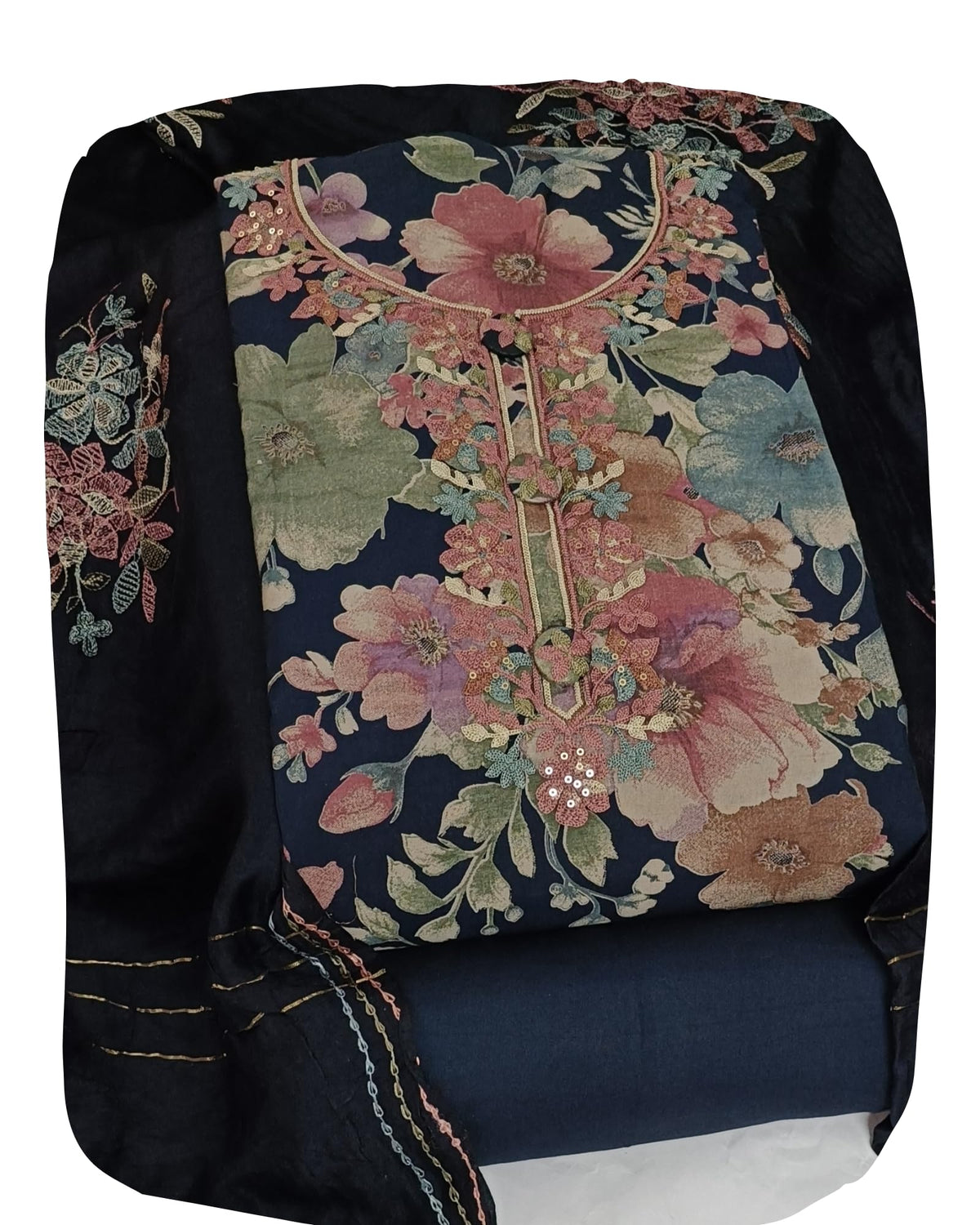 DRAVINAM Trends Women's Modal Floral Printed Unstitched Suit Set with Embroidered Neck Yoke, Malai Cotton Bottom & Soft Silk Dupatta