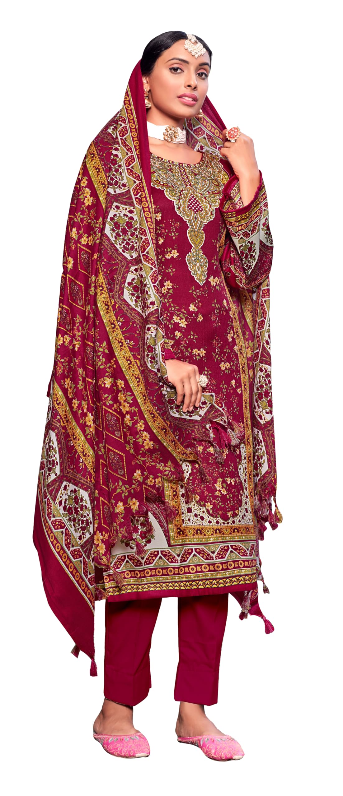 DRAVINAM Trends Women's Unstitched Pakistani Printed Pashmina Woolen Winter Salwar Suits Dress Materials with Shawl Dupatta
