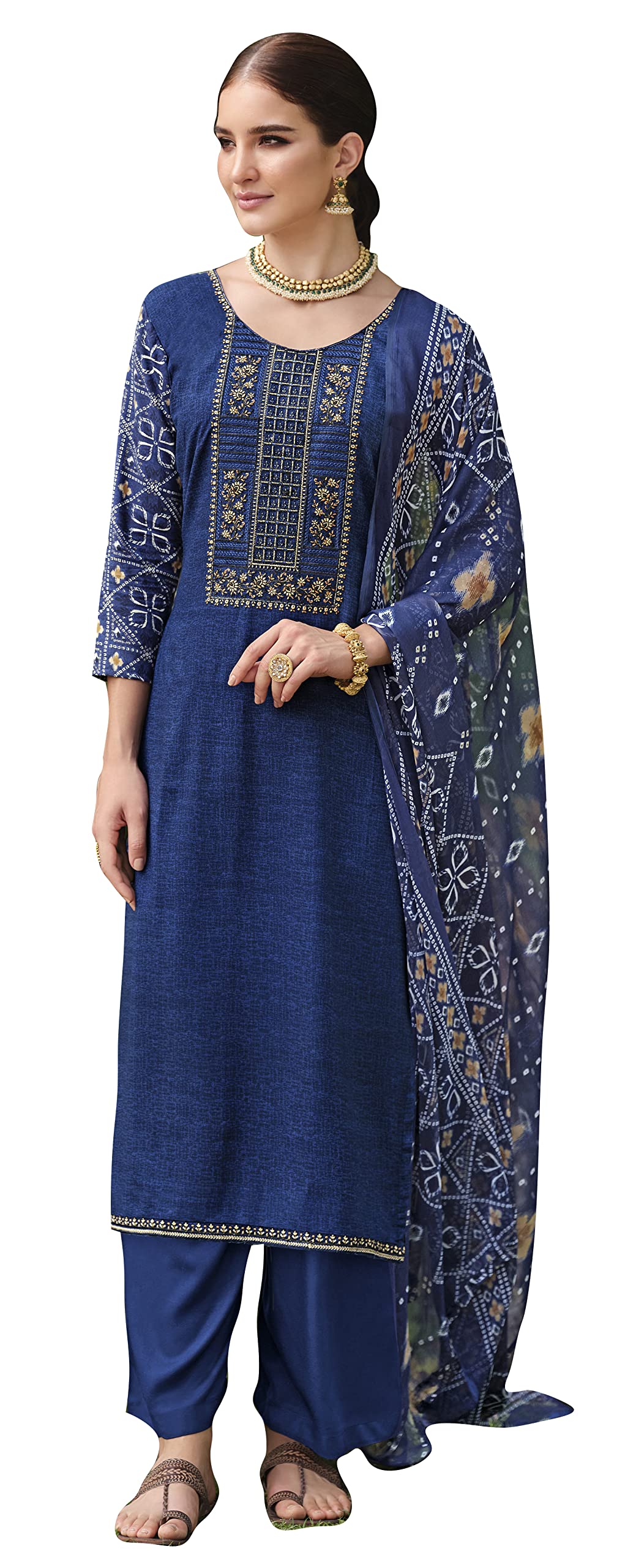 DRAVINAM Trends Unstitched Printed Embroidered Rayon Salwar Suits Set with Chiffon Dupatta (Green)