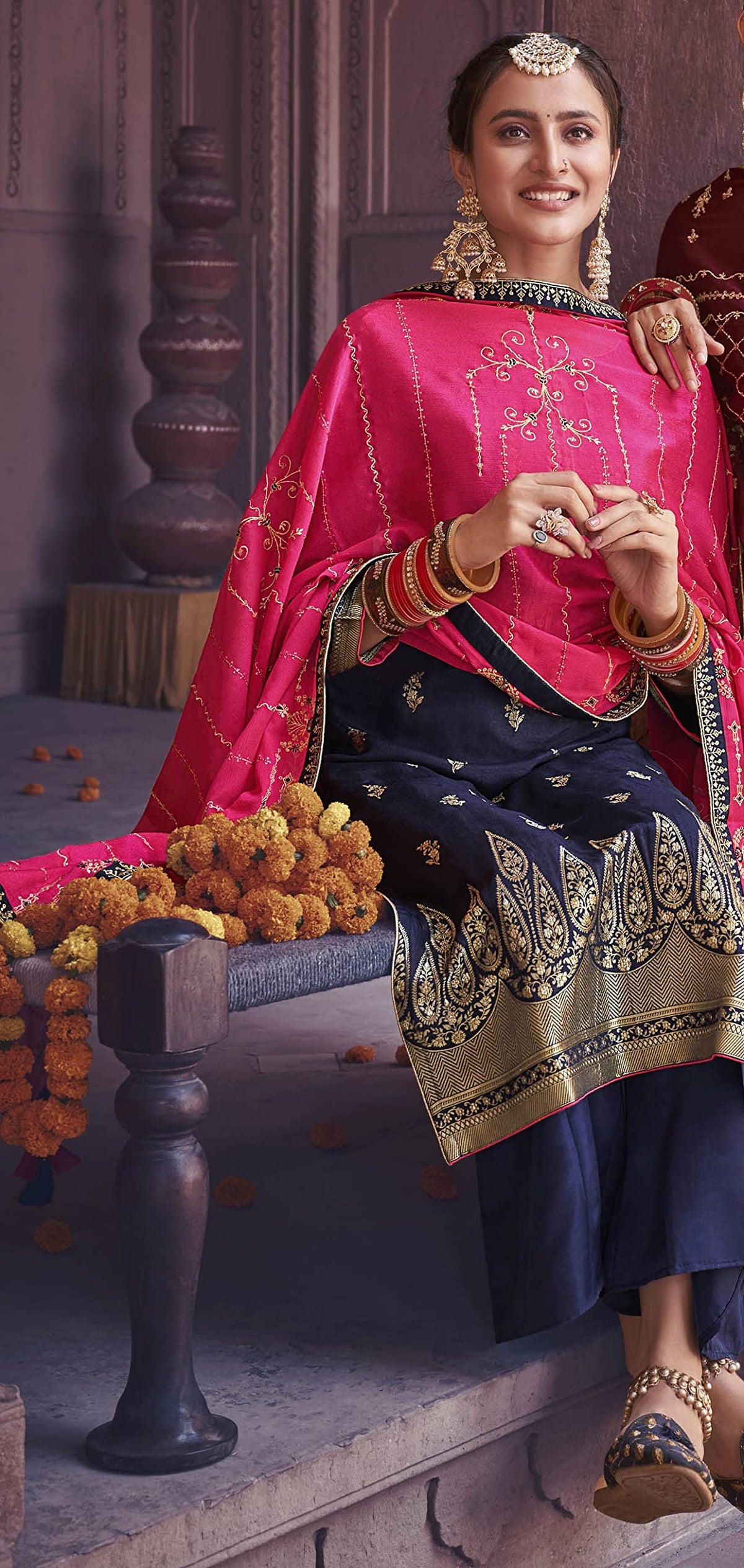 DRAVINAM Trends Women's Pure Banarasi Silk Jacquard Sequence embroidered Unstitched Salwar Suit Dress material with Chinon Silk Sequence and Embroidered Heavy Dupatta (Free size_Blue)