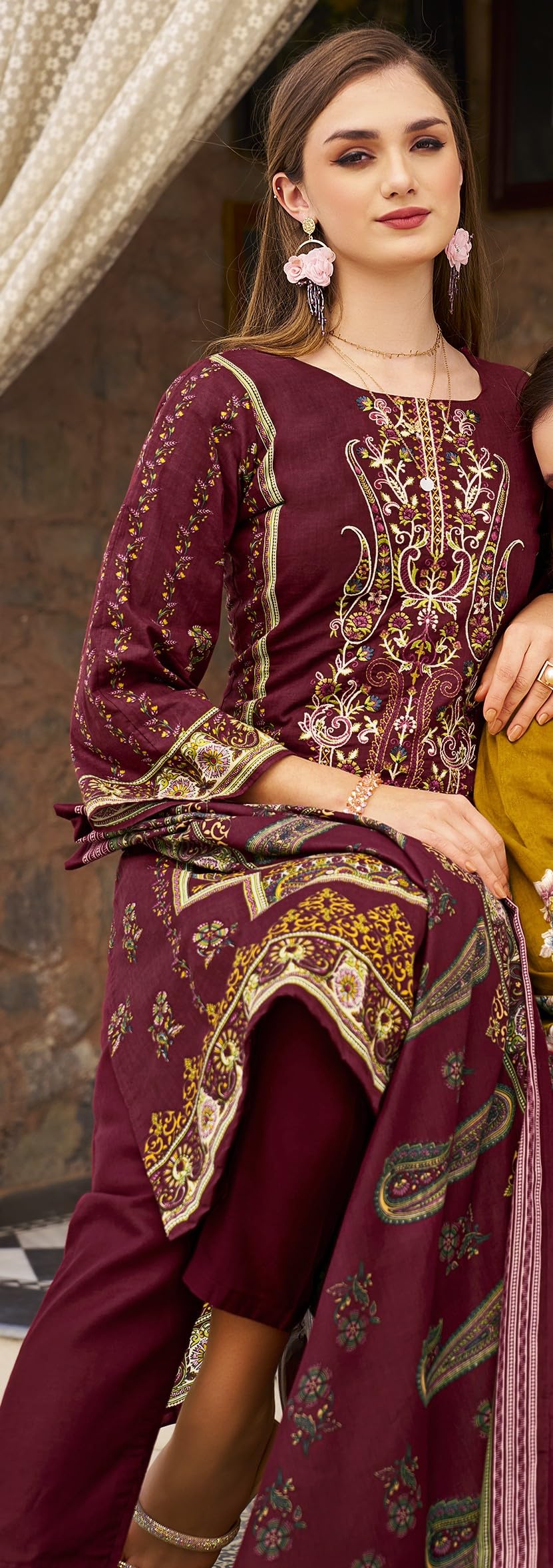 DRAVINAM Trends Unstitched Pakistani Embroidered Pure Cotton Salwar Suit Dress Materials with Cotton Dupatta