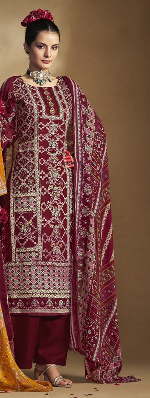 DRAVINAM Trends Women's Unstitched Rayon Salwar Suit Dress Material – Heavy Viscose Printed Top with Handwork II Pure Viscose Plain Bottom II Pure Cotton Mal Mal Printed Dupatta