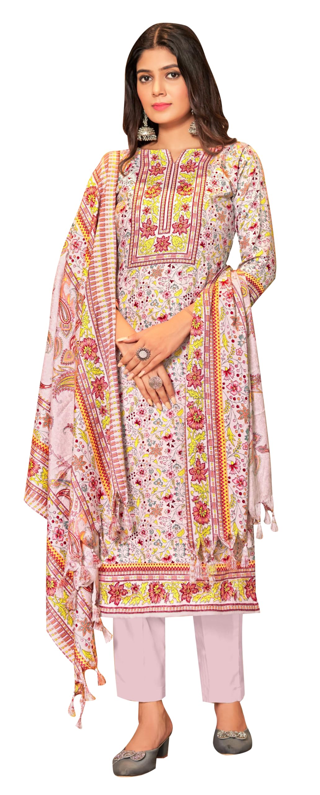 DRAVINAM Trends Women's Unstitched Dobby Print Woollen Pashmina Salwar Suit Dress Material with Pashmina Printed Shawl Dupatta (Free Size) (Mauve)