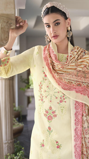DRAVINAM Trends Women's Unstitched Lawn Cotton Karachi Embroidered Suit Material - Lawn Cotton Heavy Karachi Embroidered Shirt with Heavy Daman Work II Cotton Bottoms II Cotton Digital Printed Dupatta
