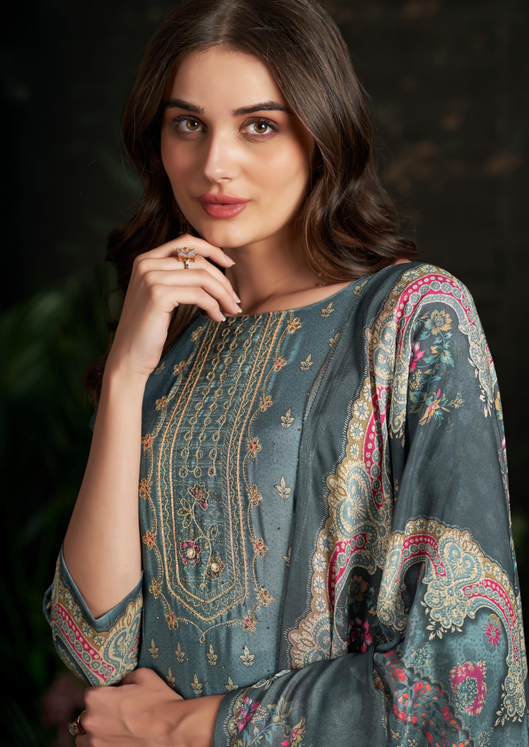 DRAVINAM Trends Women's Unstitched Maslin Salwar Suit Dress Material - Pure Bemberg Maslin Aari Work Kameez II Rayon Unstitch Bottoms II Viscose Maslin Digital Prints Dupatta