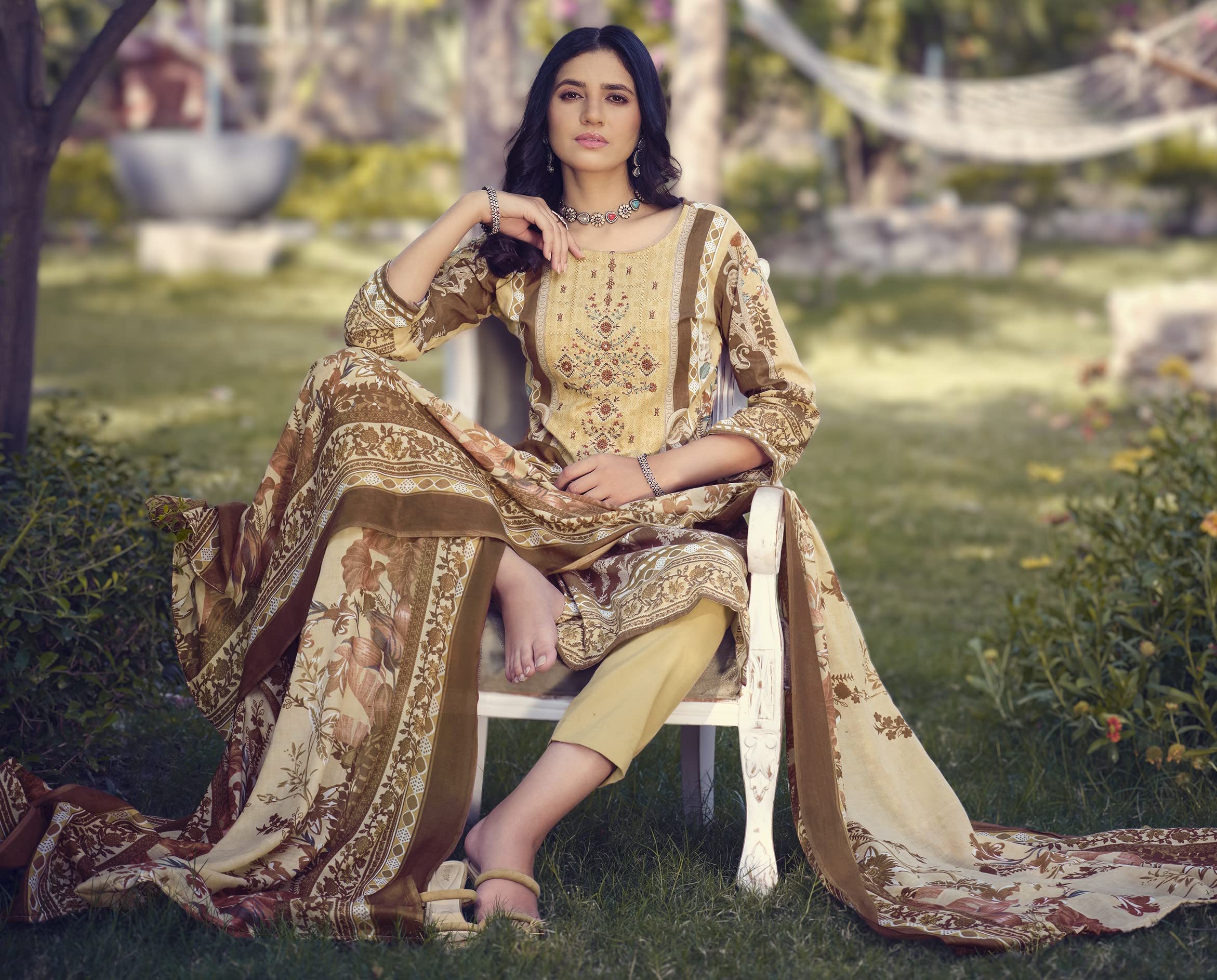 DRAVINAM Trends Unstitched Pakistani Print Embroidered Cotton Salwar Suit Dress Materials with Dupatta